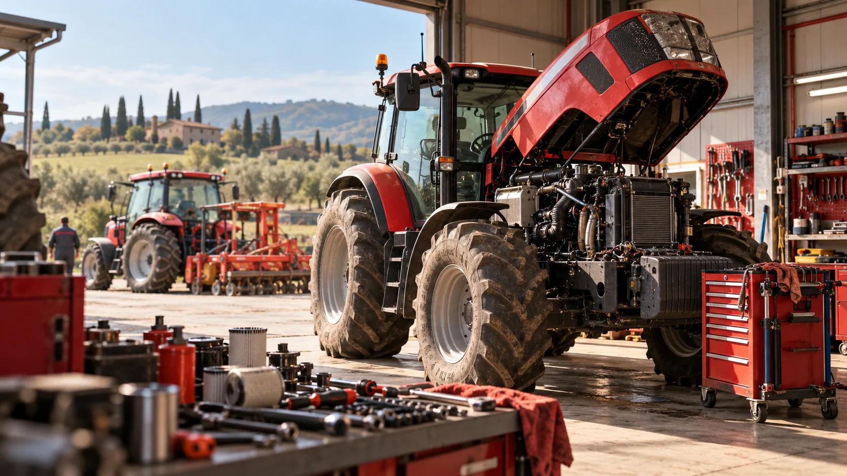 Trattore agricolo in manutenzione con cofano aperto e attrezzature meccaniche in officina